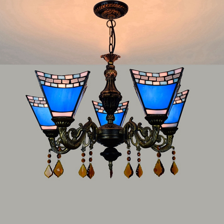 Blivuself Tiffany Chandelier Blue Swallowtail Stained Glass Chandelier 6 inch Small Lampshade Vintage Art Decor 5 Heads Antique Chandelier for Living Room Bedroom Restaurant Hotel