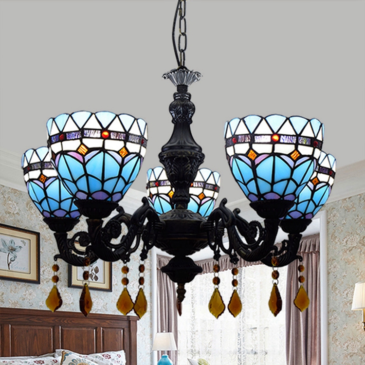 Blivuself Tiffany Chandelier Mediterranean Feather Stained Glass Chandelier 6 inch Small Lampshade Vintage Art Decor 5 Heads Antique Chandelier for Living Room Bedroom Restaurant Hotel