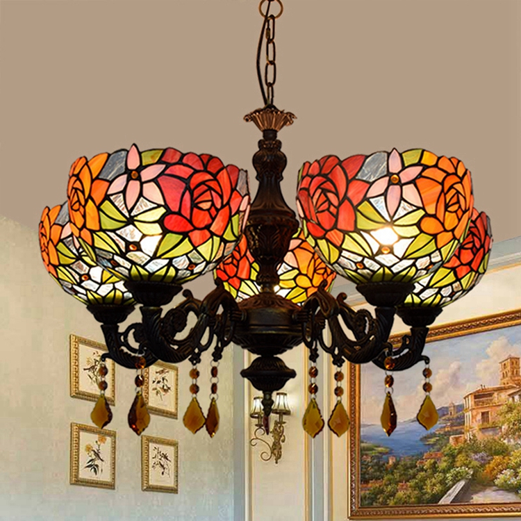 Blivuself Tiffany Chandelier Gorgeous Roses Stained Glass Chandelier 8 inch Small Lampshade Vintage Art Decor 5 Heads Antique Chandelier for Living Room Bedroom Restaurant Hotel