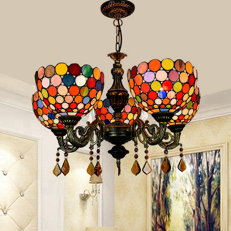 Blivuself Tiffany Chandelier Colorful Discs Stained Glass Chandelier 6 inch Small Lampshade Bohemia Art Decor 5 Heads Antique Chandelier for Living Room Bedroom Restaurant Hotel