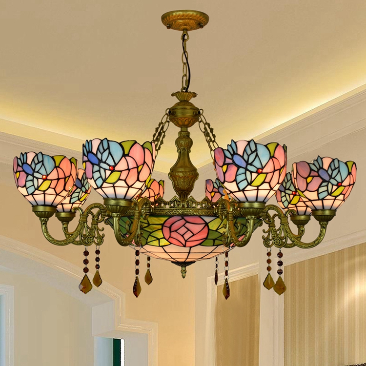 Blivuself Tiffany Chandelier Bird Flowers Stained Glass Chandelier Vintage Art Home Decor 8+1 Heads Antique Crystal Chandelier for Living Room Bedroom Restaurant Hotel