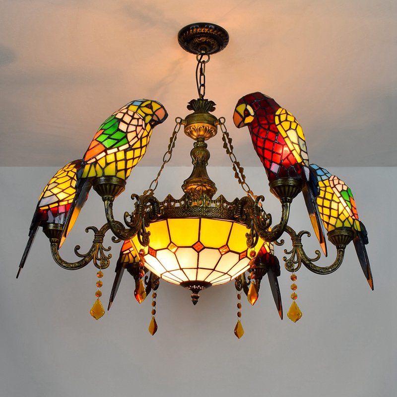 Blivuself Tiffany Chandelier Parrot Art Home Decor Stained Glass Chandelier Vintage 6+1 Heads Antique Crystal Chandelier for Living Room Bedroom Restaurant Hotel