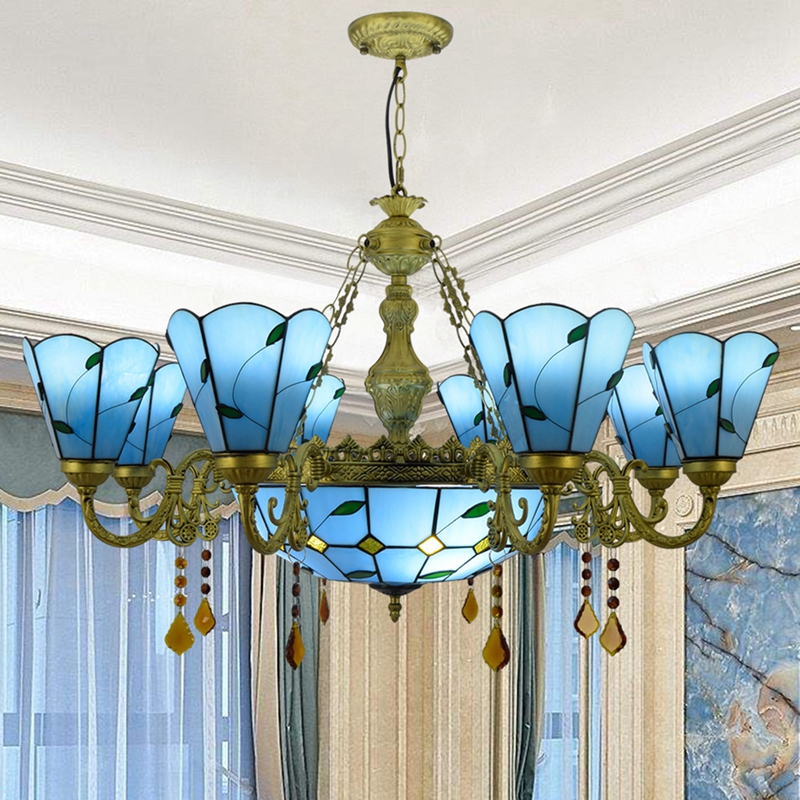 Blivuself Tiffany Chandelier Blue Leaves Stained Glass Chandelier Vintage Art Home Decor 8+1 Heads Antique Crystal Chandelier for Living Room Bedroom Restaurant Hotel