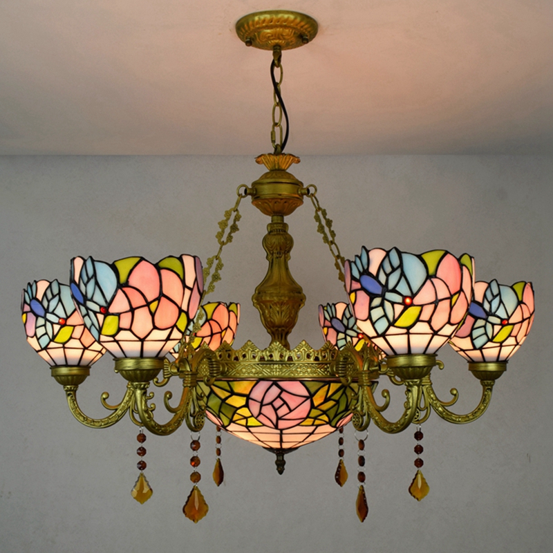 Blivuself Tiffany Chandelier Bird Flowers Art Home Decor Stained Glass Chandelier Vintage 6+1 Heads Antique Crystal Chandelier for Living Room Bedroom Restaurant Hotel