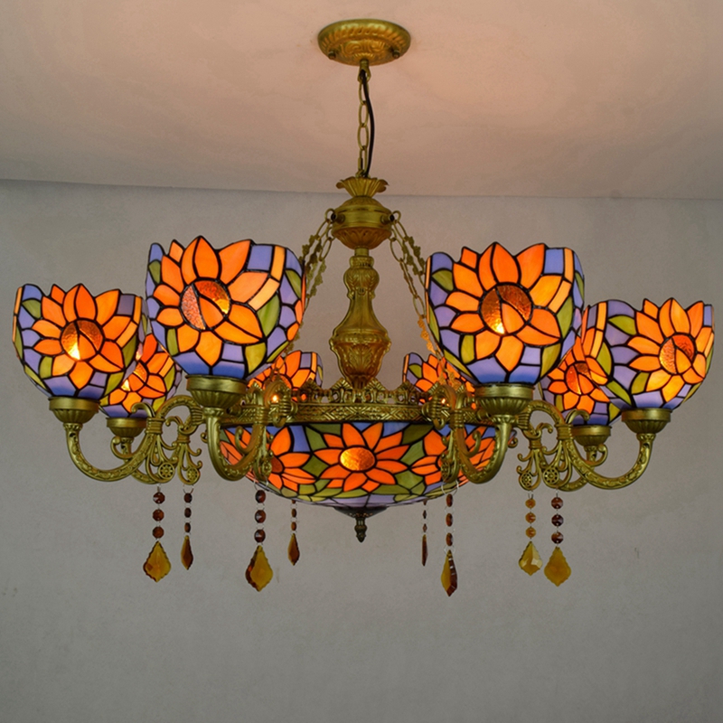 Blivuself Tiffany Chandelier Blue Background Sunflower Stained Glass Chandelier Vintage Art Home Decor 8+1 Heads Antique Crystal Chandelier for Living Room Bedroom Restaurant Hotel