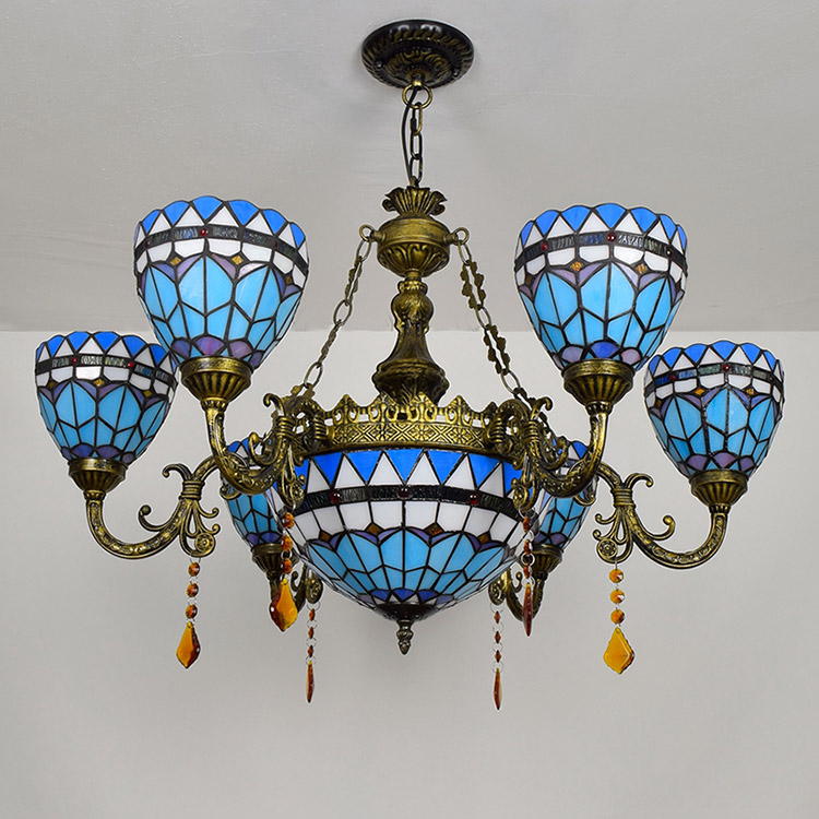 Blivuself Tiffany Chandelier Mediterranean Blue Feathers Art Home Decor Stained Glass Chandelier Vintage 6+1 Heads Antique Crystal Chandelier for Living Room Bedroom Restaurant Hotel