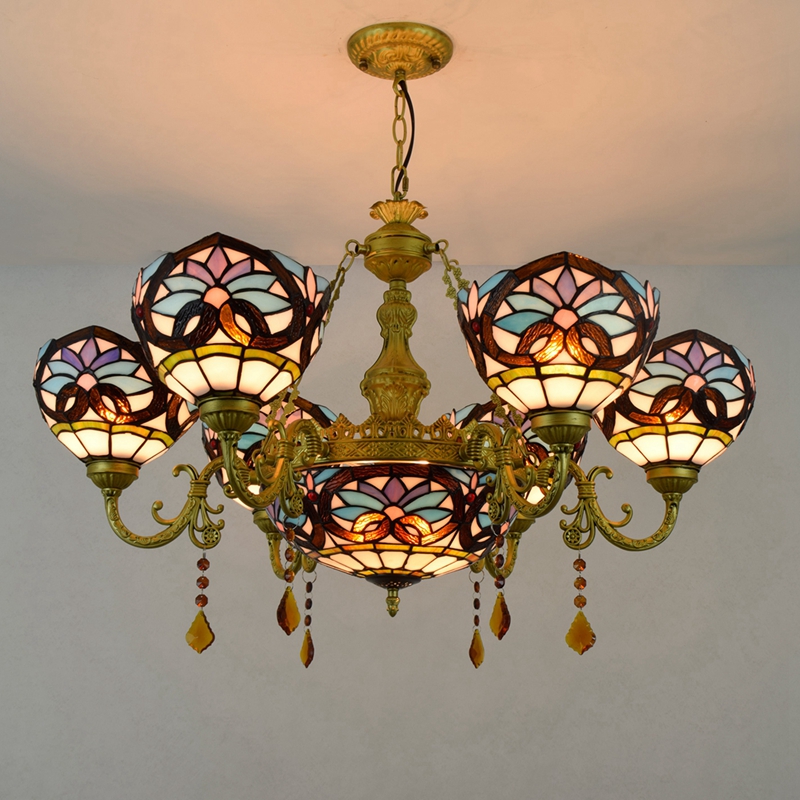 Blivuself Tiffany Chandelier Blue Heart Art Home Decor Stained Glass Chandelier Vintage 6+1 Heads Antique Crystal Chandelier for Living Room Bedroom Restaurant Hotel
