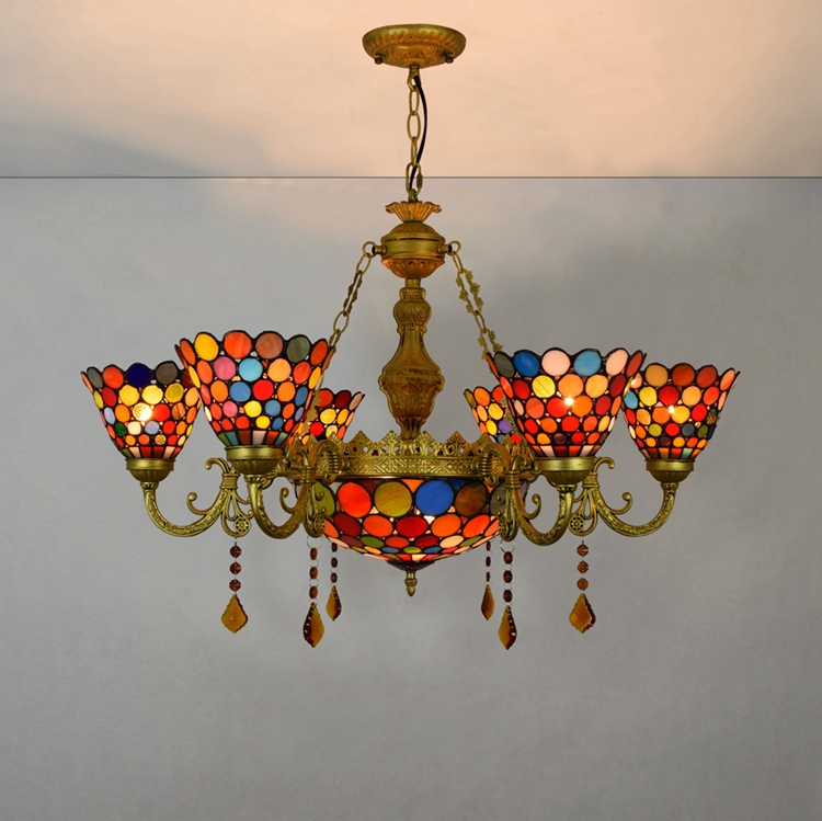 Blivuself Tiffany Chandelier Colorful Discs Art Home Decor Stained Glass Chandelier Vintage 6+1 Heads Antique Crystal Chandelier for Living Room Bedroom Restaurant Hotel