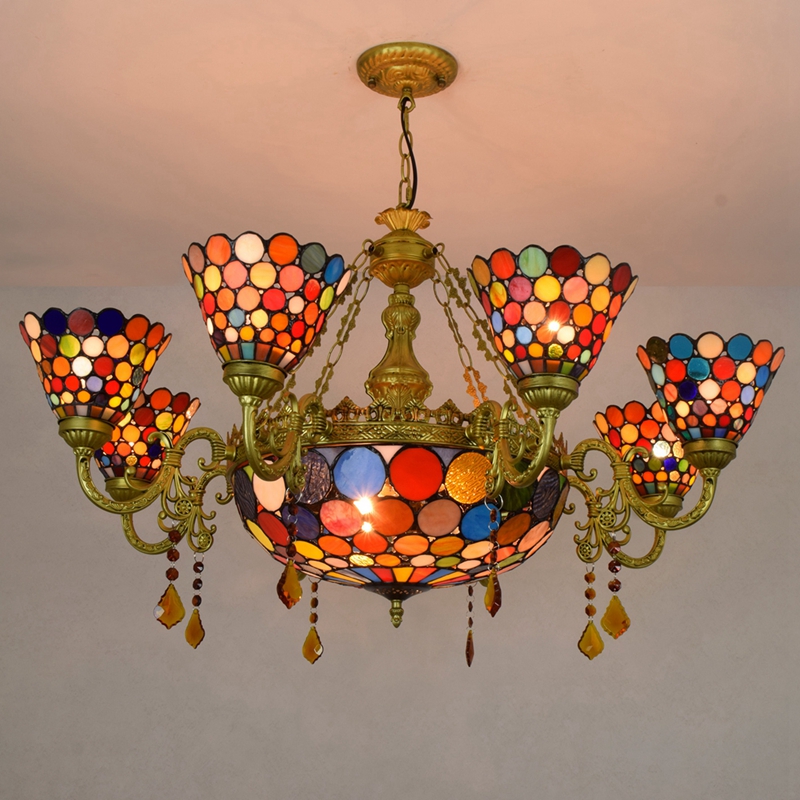 Blivuself Tiffany Chandelier Colorful Discs Stained Glass Chandelier Vintage Art Home Decor 8+1 Heads Antique Crystal Chandelier for Living Room Bedroom Restaurant Hotel