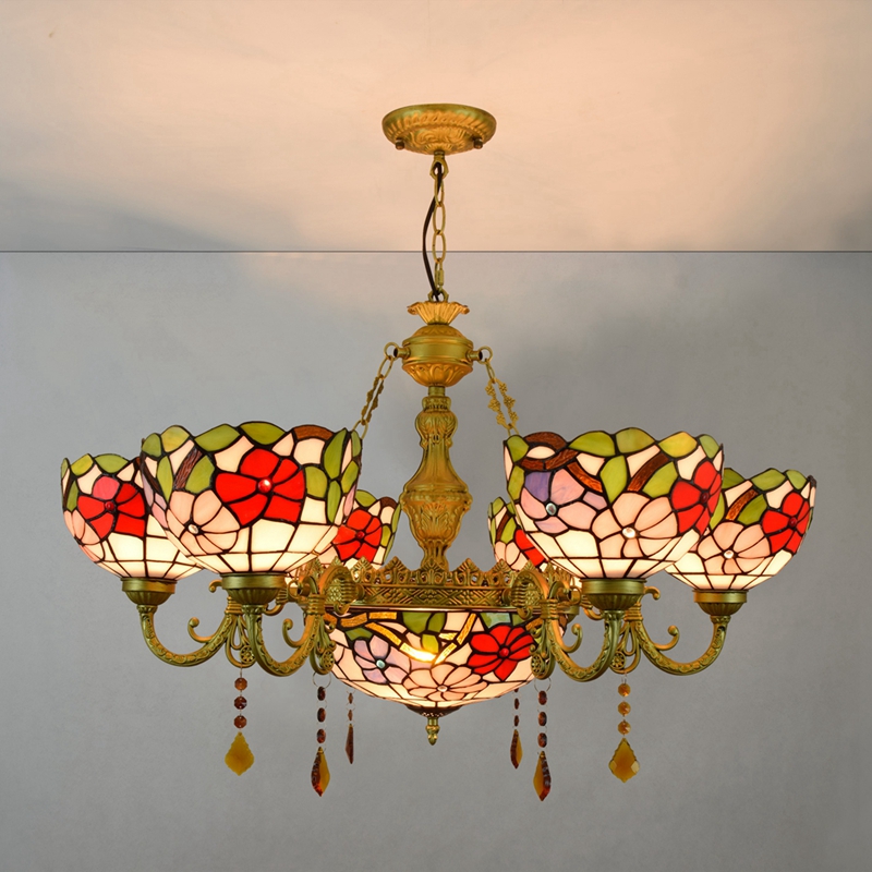 Blivuself Tiffany Chandelier Tricolor Morning Glory Art Home Decor Stained Glass Chandelier Vintage 6+1 Heads Antique Crystal Chandelier for Living Room Bedroom Restaurant Hotel