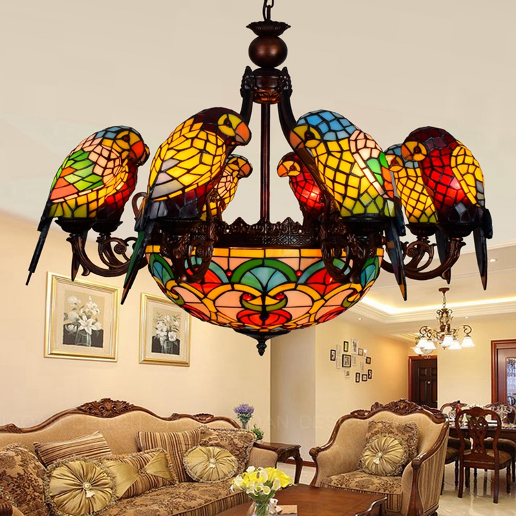 Blivuself Tiffany Chandelier Parrot Stained Glass Chandelier Vintage Art Home Decor 8+1 Heads Antique Crystal Chandelier for Living Room Bedroom Restaurant Hotel