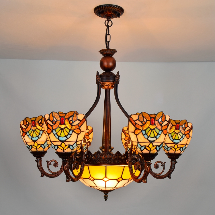 Blivuself Tiffany Chandelier Baroque Art Home Decor Stained Glass Chandelier Vintage 6+1 Heads Antique Red Copper Color Chandelier for Living Room Bedroom Restaurant Hotel