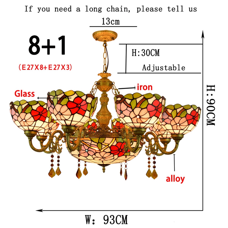 Blivuself Tiffany Chandelier Three-color Morning Glory Stained Glass Chandelier Vintage Art Home Decor 8+1 Heads Antique Crystal Chandelier for Living Room Bedroom Restaurant Hotel