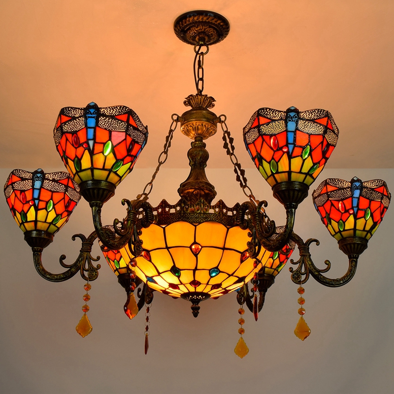 Blivuself Tiffany Chandelier Red Dragonfly Art Home Decor Stained Glass Chandelier Vintage 6+1 Heads Antique Crystal Chandelier for Living Room Bedroom Restaurant Hotel