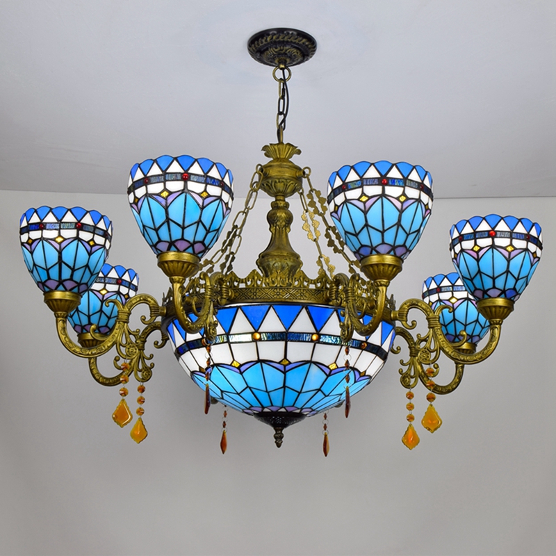 Blivuself Tiffany Chandelier Mediterranean Blue Feather Stained Glass Chandelier Vintage Art Home Decor 8+1 Heads Antique Crystal Chandelier for Living Room Bedroom Restaurant Hotel
