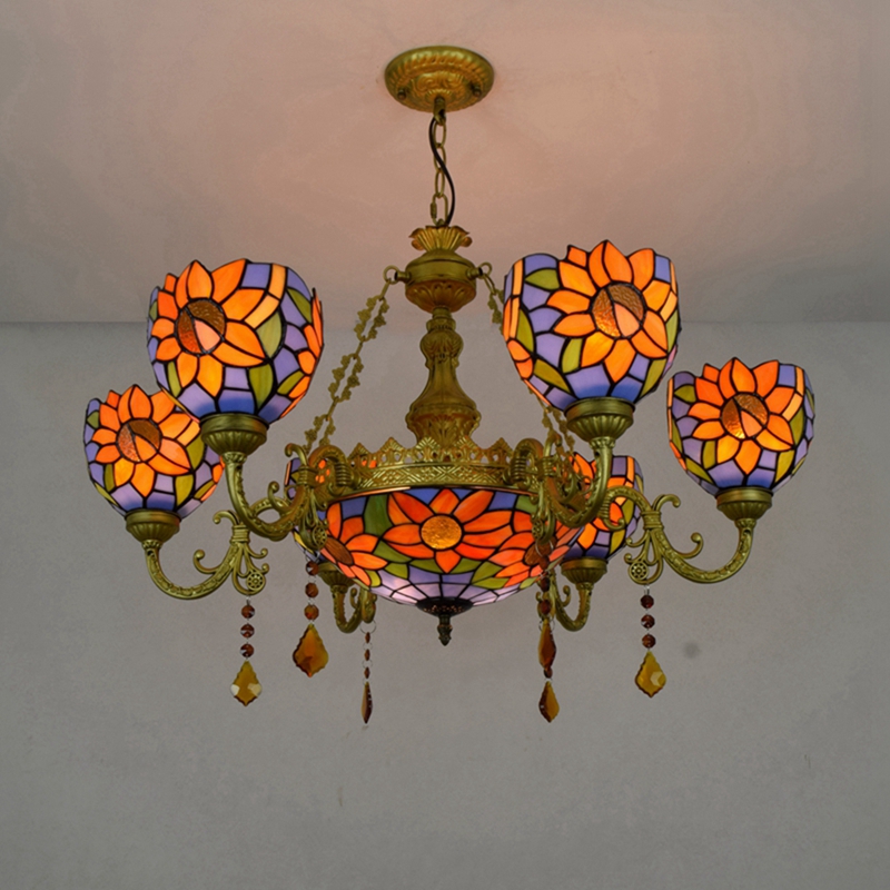 Blivuself Tiffany Chandelier Blue Background Sunflower Art Decor Stained Glass Chandelier Vintage 6+1 Heads Antique Crystal Chandelier for Living Room Bedroom Restaurant Hotel