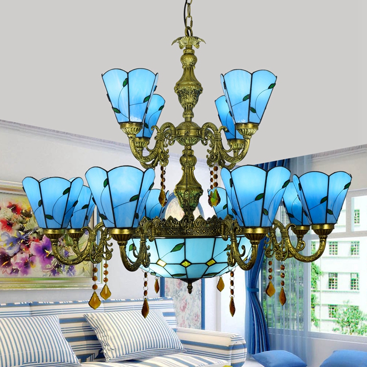 Blivuself Tiffany Chandelier Blue Leaves Stained Glass Chandelier 12+1 Heads Two Layers Antique Crystal Chandelier Vintage Art Home Decor for Living Room Bedroom Restaurant Hotel