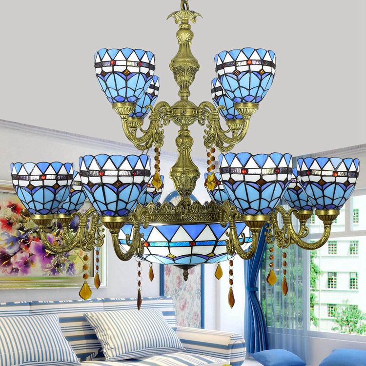 Blivuself Tiffany Chandelier Mediterranean Blue Feathers Stained Glass Chandelier 12+1 Heads Two Layers Antique Crystal Chandelier Vintage Art Home Decor for Living Room Bedroom Restaurant Hotel