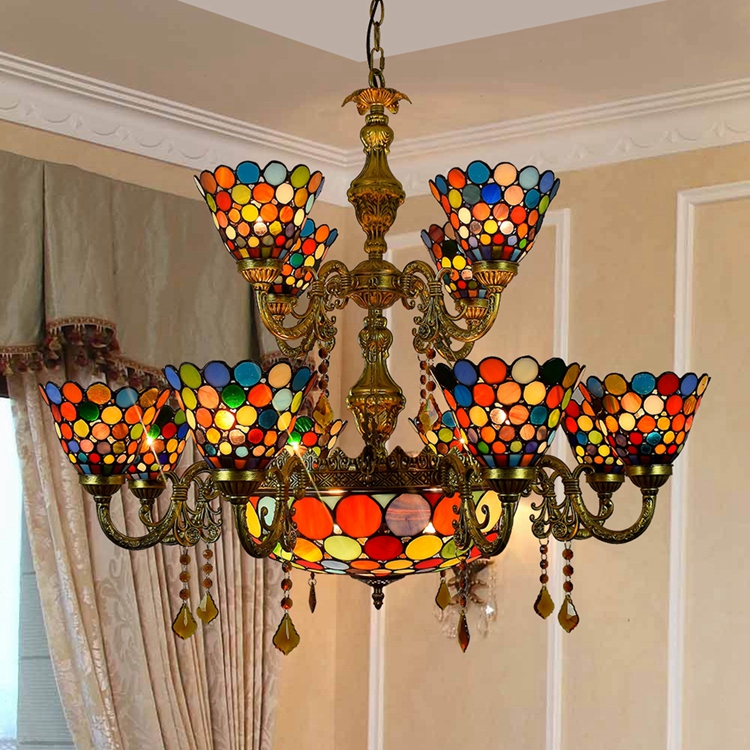Blivuself Tiffany Chandelier Colorful Discs Stained Glass Chandelier 12+1 Heads Two Layers Antique Crystal Chandelier Vintage Art Home Decor for Living Room Bedroom Restaurant Hotel