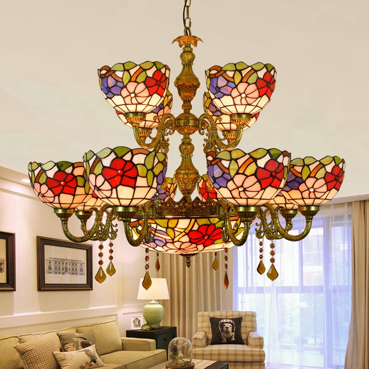 Blivuself Tiffany Chandelier Three-color Morning Glory Stained Glass Chandelier 12+1 Heads Two Layers Antique Crystal Chandelier Vintage Art Decor for Living Room Bedroom Restaurant Hotel