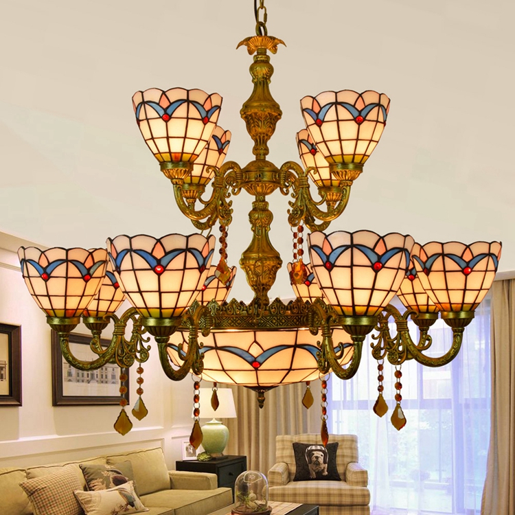 Blivuself Tiffany Chandelier Magnolia Stained Glass Chandelier 12+1 Heads Two Layers Antique Crystal Chandelier Vintage Art Home Decor for Living Room Bedroom Restaurant Hotel