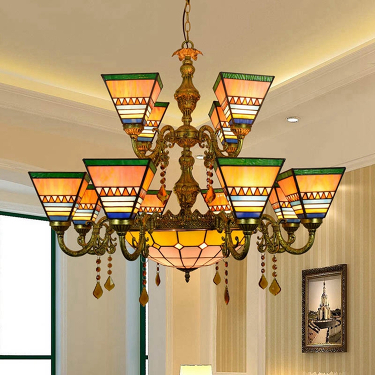 Blivuself Tiffany Chandelier Pyramid Stained Glass Chandelier 12+1 Heads Two Layers Antique Crystal Chandelier Vintage Art Home Decor for Living Room Bedroom Restaurant Hotel
