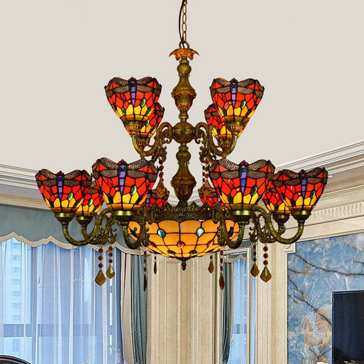 Blivuself Tiffany Chandelier Red Dragonfly Stained Glass Chandelier 12+1 Heads Two Layers Antique Crystal Chandelier Vintage Art Home Decor for Living Room Bedroom Restaurant Hotel