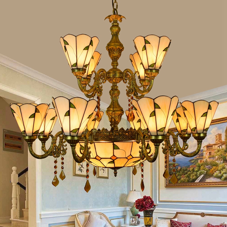 Blivuself Tiffany Chandelier Warm Leaves Stained Glass Chandelier 12+1 Heads Two Layers Antique Crystal Chandelier Vintage Art Home Decor for Living Room Bedroom Restaurant Hotel
