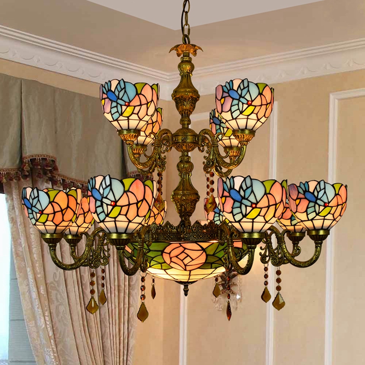 Blivuself Tiffany Chandelier Bird Flowers Stained Glass Chandelier 12+1 Heads Two Layers Antique Crystal Chandelier Vintage Art Home Decor for Living Room Bedroom Restaurant Hotel