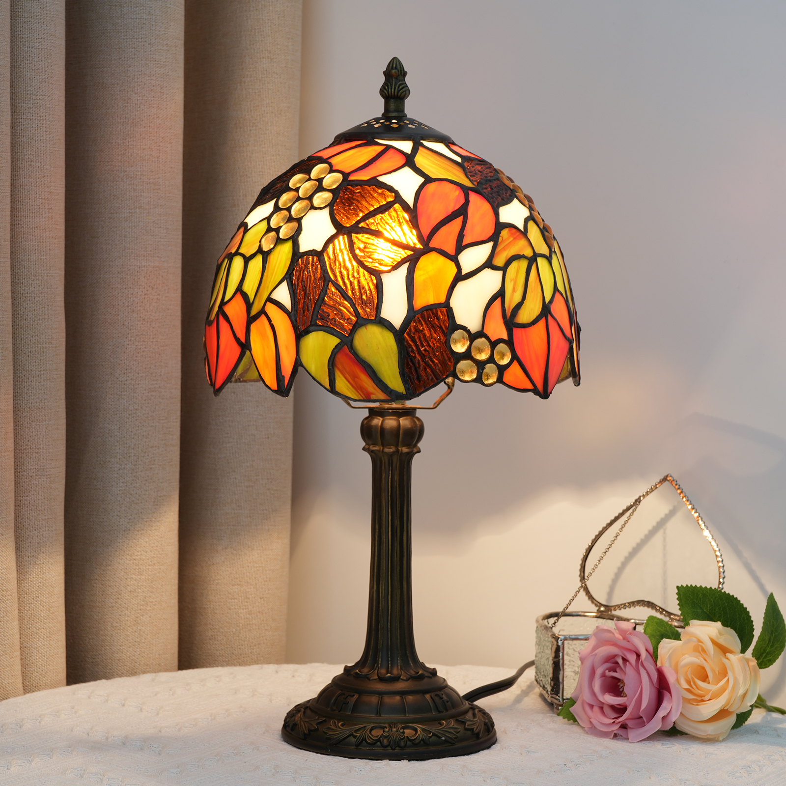  Blivuself Tiffany  Stained Glass Light Brown Maple Leaf Grape  Table lamp Bedroom Bedside Reading Light Office Dorm Bar Vintage style decor Unique lovely decorated cabin 8 inch country nightstand light 8 inch Maple leaf grape Table lamp OFU932