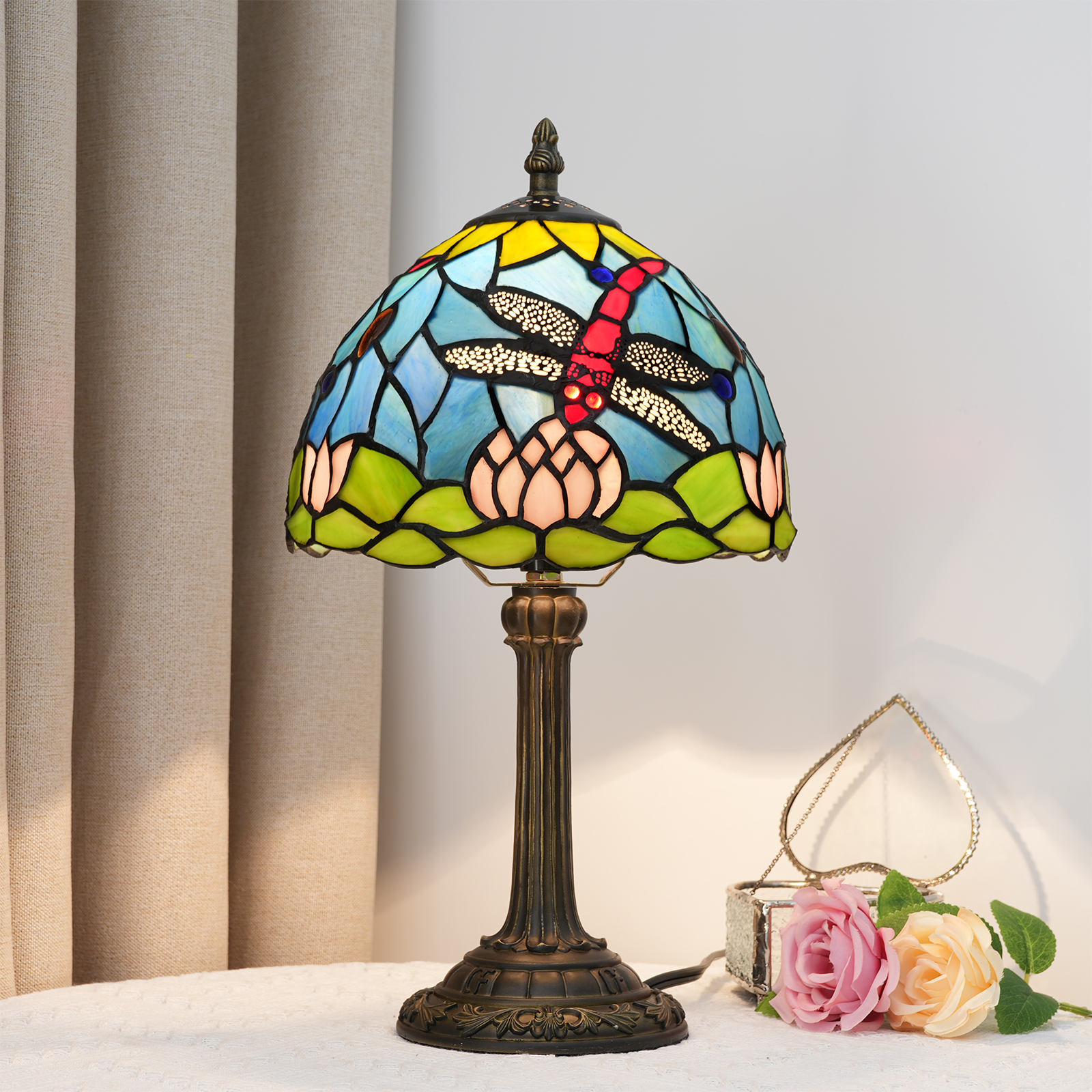 Blivuself Tiffany Stained Glass Light Blue Lotus Dragonfly  Table Lamp Bedroom Bedside Reading Light Office Dorm Bar Vintage Style Decor Unique Lovely Decorated Cabin 8 Inch Country Nightstand Light 8 Inch Lotus Dragonfly Table Lamp OFU937