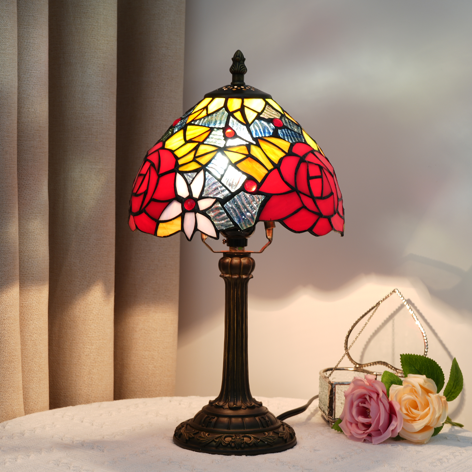 Blivuself Tiffany  Stained Glass Red Rose  Table Lamp Bedroom Bedside Reading Lamp Office Dorm Bar Vintage Style Decor Unique Lovely Cottage 8 Inch Country Nightstand Lamp 8 Inches Red Rose Desk Lamp OFU963