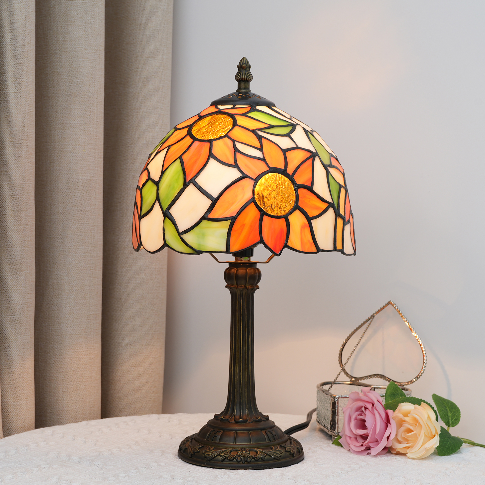 Blivuself Tiffany  Stained Glass Light Orange Sunflower  Table Lamp Bedroom Bedside Reading Lamp Office Dorm Bar Vintage Style Decor Unique Lovely Cottage 8 Inch Country Nightstand Lamp 8  Inches Sunflower Desk Lamp OFU970