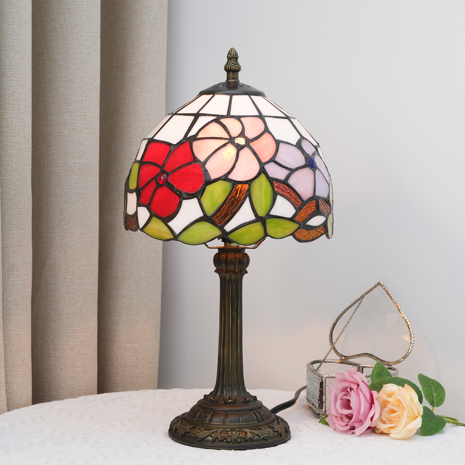 Blivuself Tiffany  Stained Glass Pink Tricolor Flower  Table Lamp Bedroom Bedside Reading Lamp Office Dorm Bar Vintage Style Decor Unique Lovely Cottage 8 Inch Country Nightstand Lamp 8  Inches Three Color Flower Lamp OFU972