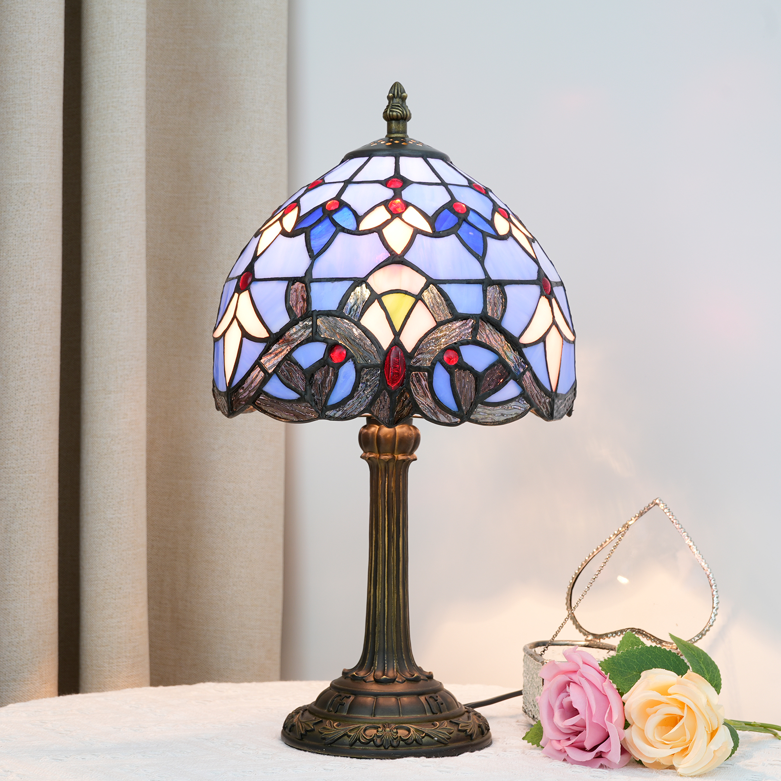 Blivuself Tiffany  Stained glass Blue Baroque  Table Lamp Bedroom Bedside Reading lamp Office Dorm bar Vintage style decor Unique lovely cottage 8 inch country nightstand lamp 8 inches Blue Baroque lamp OFU973