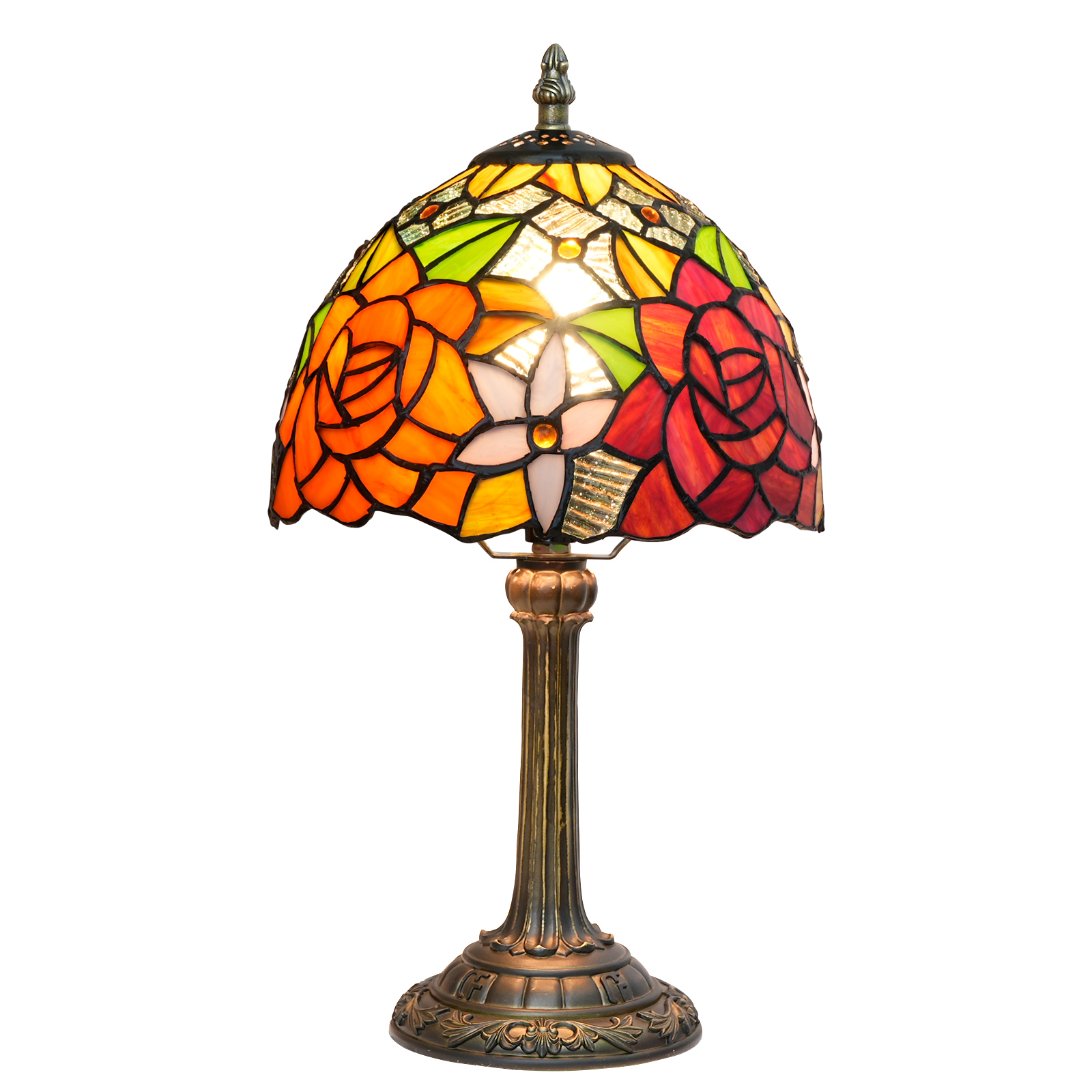 Blivuself Tiffany  Stained Glass Orange-Red Bright-Colored And Beautifulm Roseflowers  Table Lamp Bedroom Bedside Reading Lamp Office Dorm Bar Vintage Style Decor Unique Lovely Cottage 8 Inch Country Nightstand Lamp 8 Inches Gorgeous Rose Desk Lamp OFU974