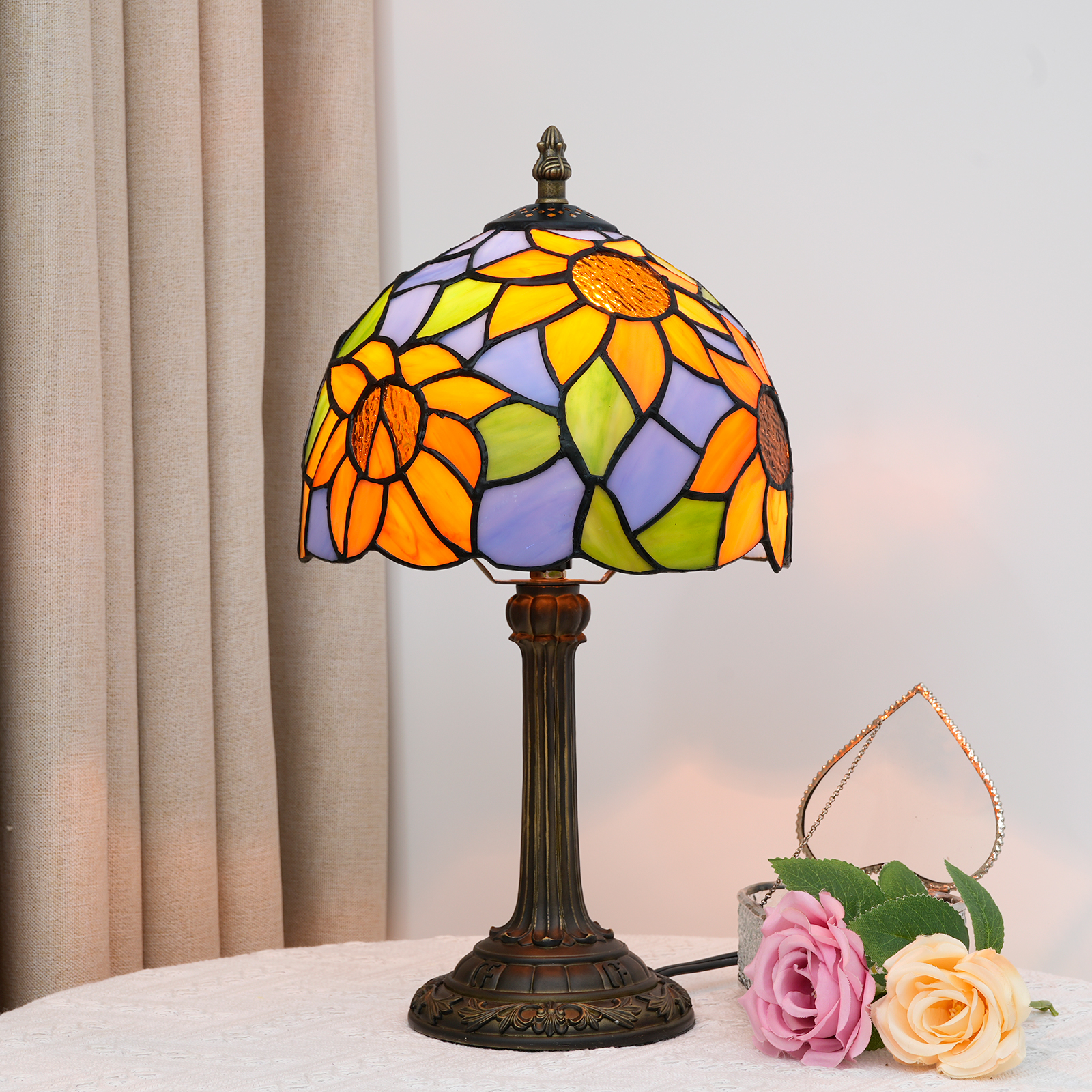 Blivuself Tiffany Stained Glass Light Blue Sunflower  Table Lamp Bedroom Bedside Reading Lamp Office Dorm Bar Vintage Style Decor Unique Lovely Cottage 8 Inch Country Nightstand Lamp 8 Inches Blue Sunflower Table Lamp OFU975