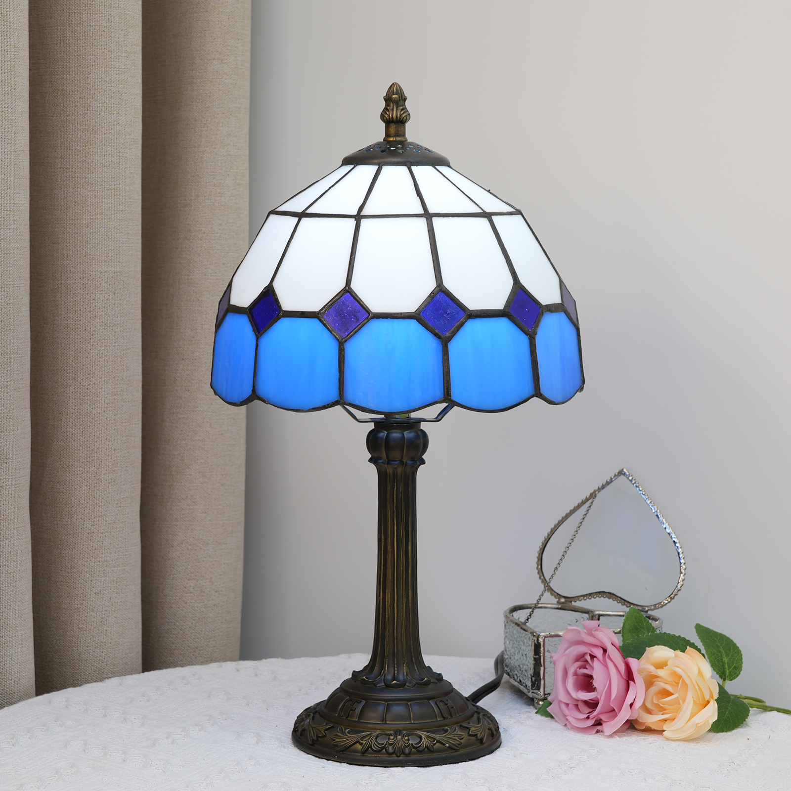 Blivuself Tiffany  Stained Glass Light Blue White Plaid Desk  Table Lamp Bedroom Bedside Reading Light Office Dorm Bar Vintage Style Decor Unique Lovely Cottage 8 Inch Country Nightstand Light 8 Inches  Blue And White Plaid Desk Lamp OFU976