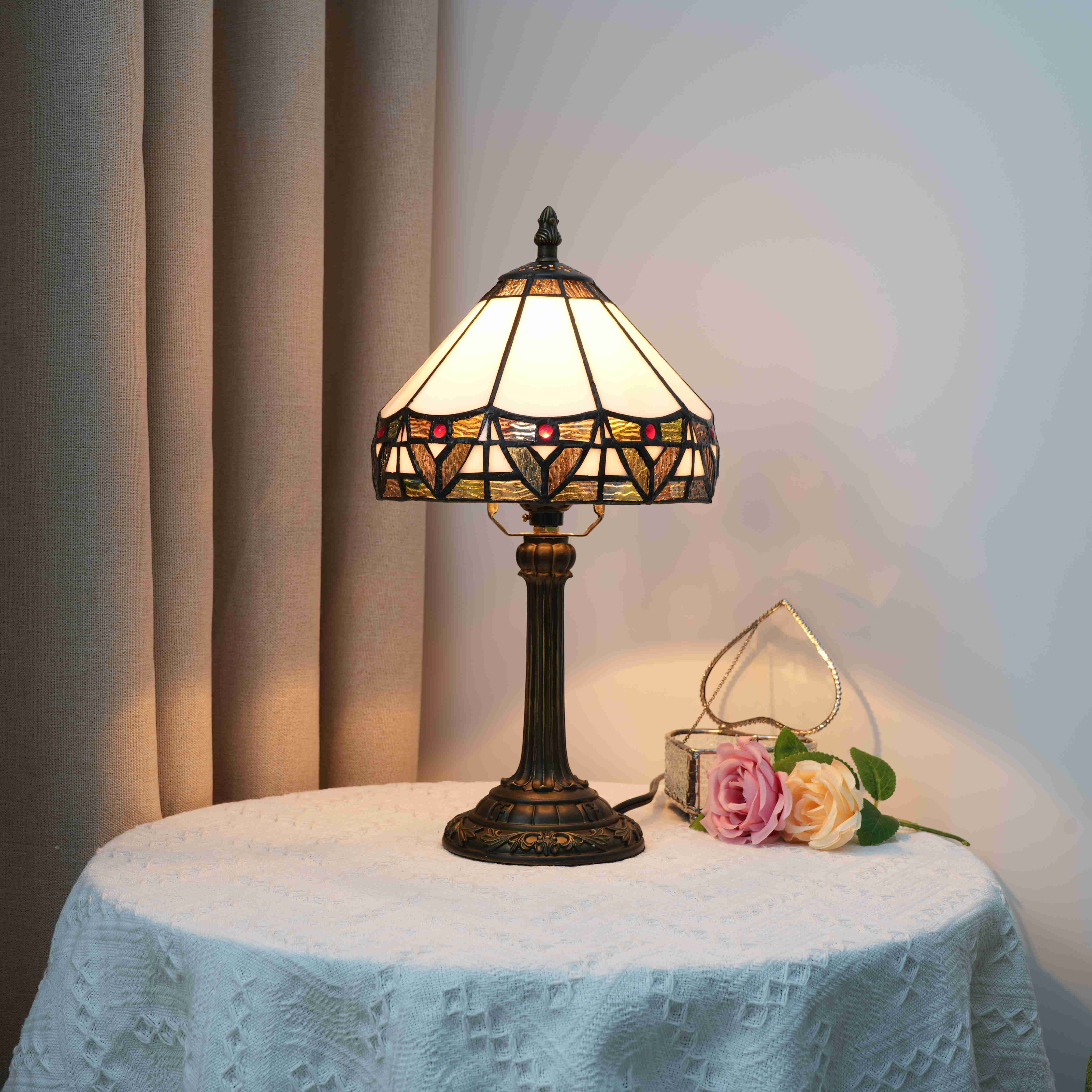 Blivuself Tiffany Stained Glass White Roman Minimalist Style Table Lamp Bedroom Bedside Reading Lamp Office Dormitory Bar Vintage Style Decor Unique Lovely Cottage 8 Inch Country Nightstand Lamp 8 Inches Roman Table Lamp OFU981