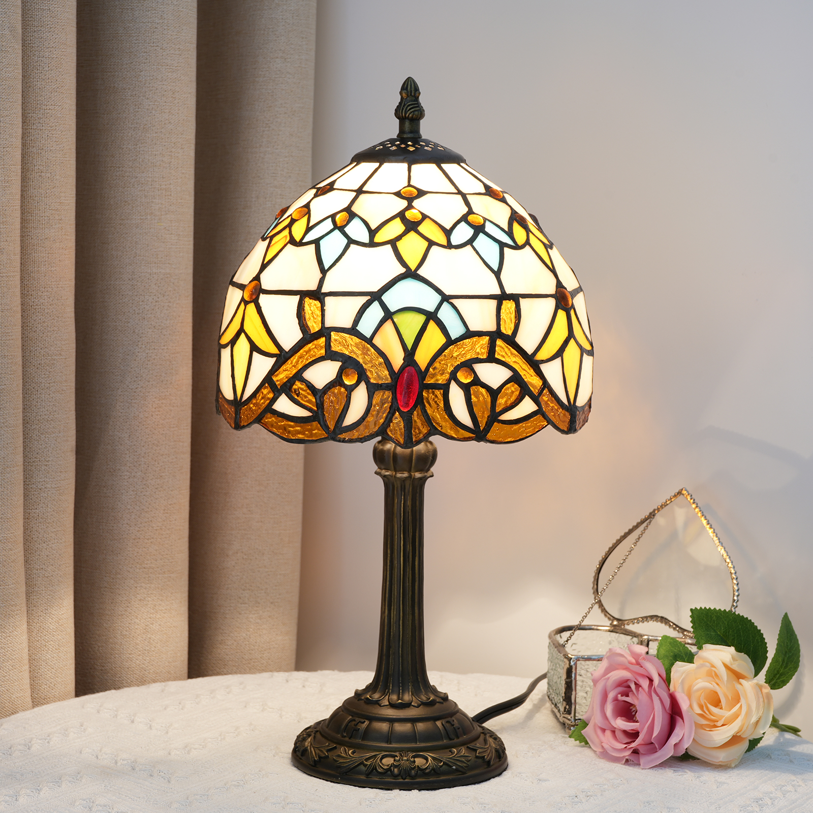 Blivuself Tiffany  Stained Glass Yellow Baroque  Table Lamp Bedroom Bedside Reading Lamp Office Dorm Bar Vintage Style Decor Unique Lovely Cottage 8 Inch Country Nightstand Lamp 8 Inches Baroque Desk  Table Lamp OFU984