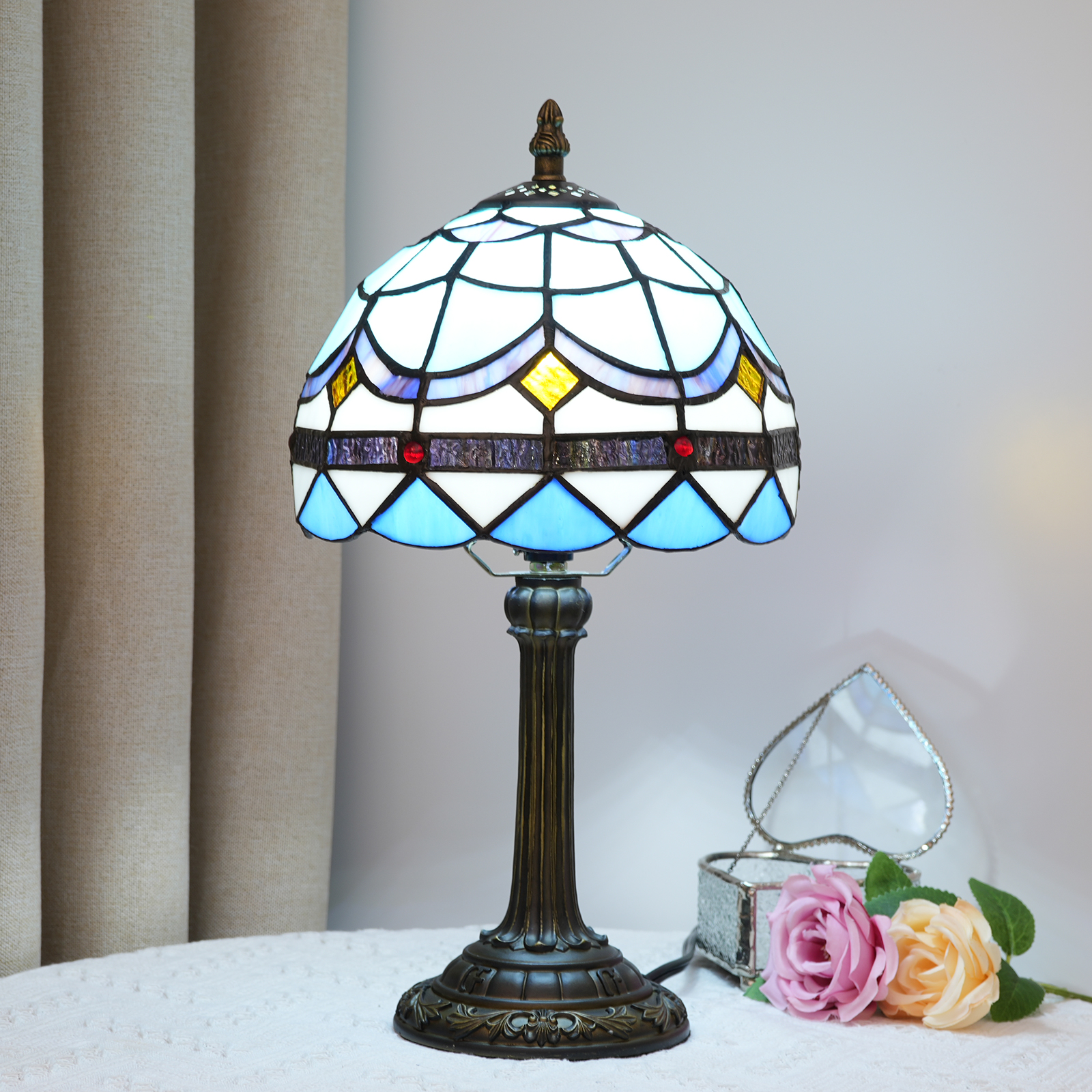 Blivuself Tiffany  Stained Glass Blue Feather Table Lamp Bedroom Bedside Reading Lamp Office Dorm Bar Vintage Style Decor Unique Lovely Cottage 8 Inch Country Nightstand Lamp 8 Inches Mediterranean Feather Table Lamp OFU985