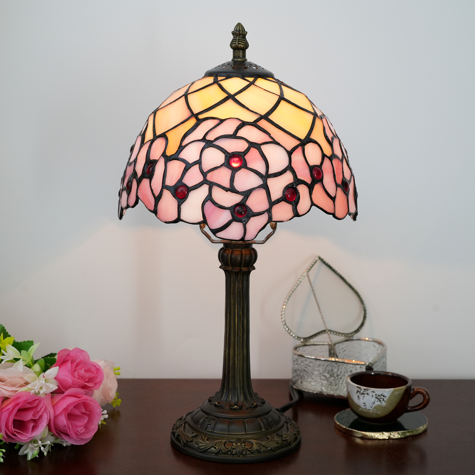 Blivuself Tiffany Stained glass Pink Cherry Blossom Bedroom bedside Reading light Office Dorm Bar Retro Romantic style decor Unique Lovely cottage 8 inch country nightstand light 8 inch cherry blossom lamp OFU1055