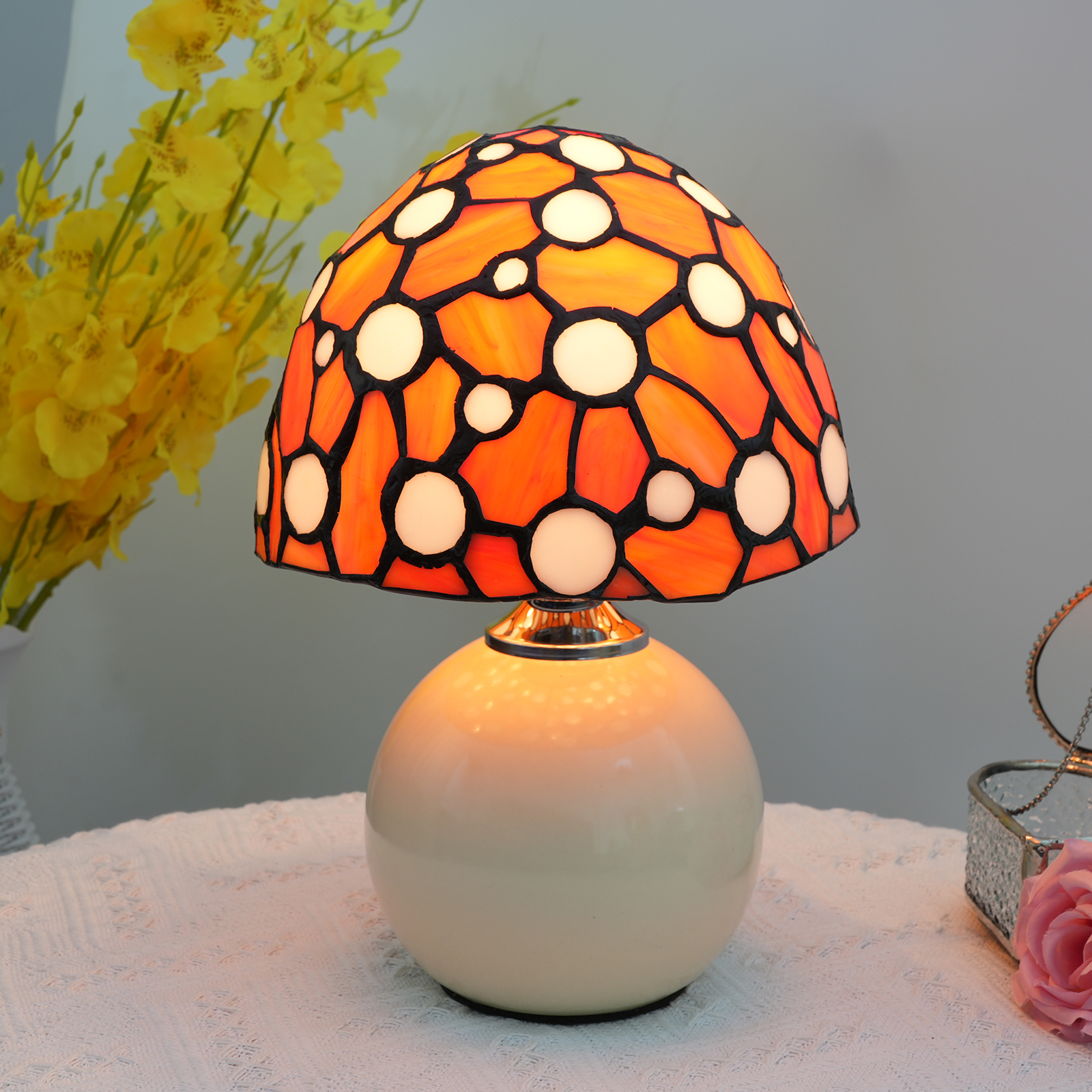 Blivuself Tiffany Stained Glass Red Little Mushroom Table  Lamp Bedroom Bedside Reading Lamp Office Dorm Bar Warm Vintage Style Decor Unique Lovely Cottage 8 Inch Country Nightstand Lamp 7 Inches Red Mushroom Table Lamp OFU1060 