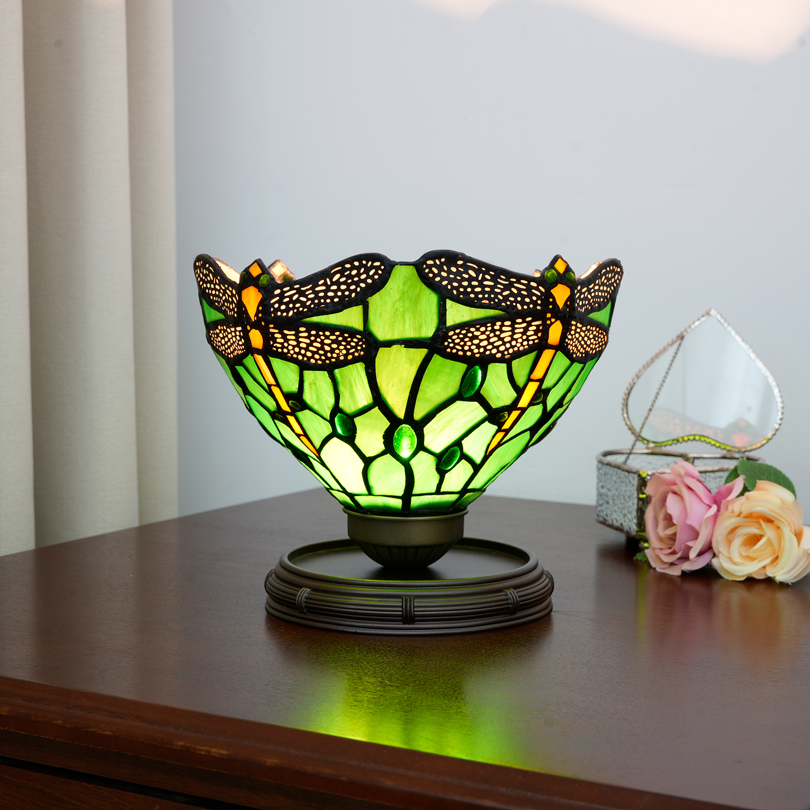 Blivuself Tiffany  Stained Glass Green Dragonfly Design Eye Protection Lamp Bedroom Bedside Reading Lamp Office Dormitory Bar European And American Retro Style Decoration Unique Lovely Cottage 8  Inch Country Nightstand Lamp 8 Inch  Green Dragonfly Lamp OFU1178