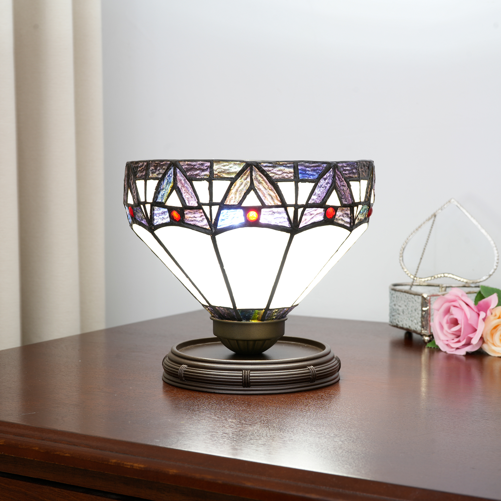 Blivuself Tiffany  Stained Glass White Eye Protection Lamp Bedroom Bedside Reading Lamp Office Dormitory Bar Romantic European And American Retro Style Decoration Unique Lovely Cottage 8  Inch Country Nightstand Lamp 8 Inch  Roman Lamp OFU1176