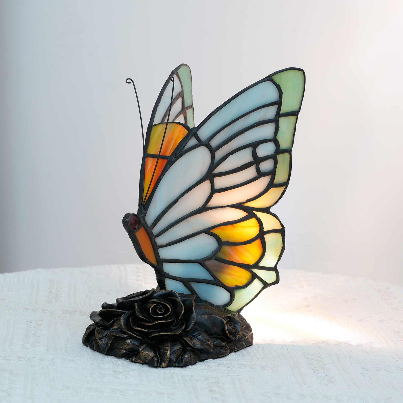 Blivuself Tiffany  Style Light Blue Mini Butterfly Nightlight Stained Glass Bedroom Bedside Lamp Or Table Lamp Led Bulbs Decorated With Colorful Vintage Butterflies Perfect For Kids, Girls, Families, Holiday Gifts, Etc. Light Blue Small Butterfly Lamp OFU1185