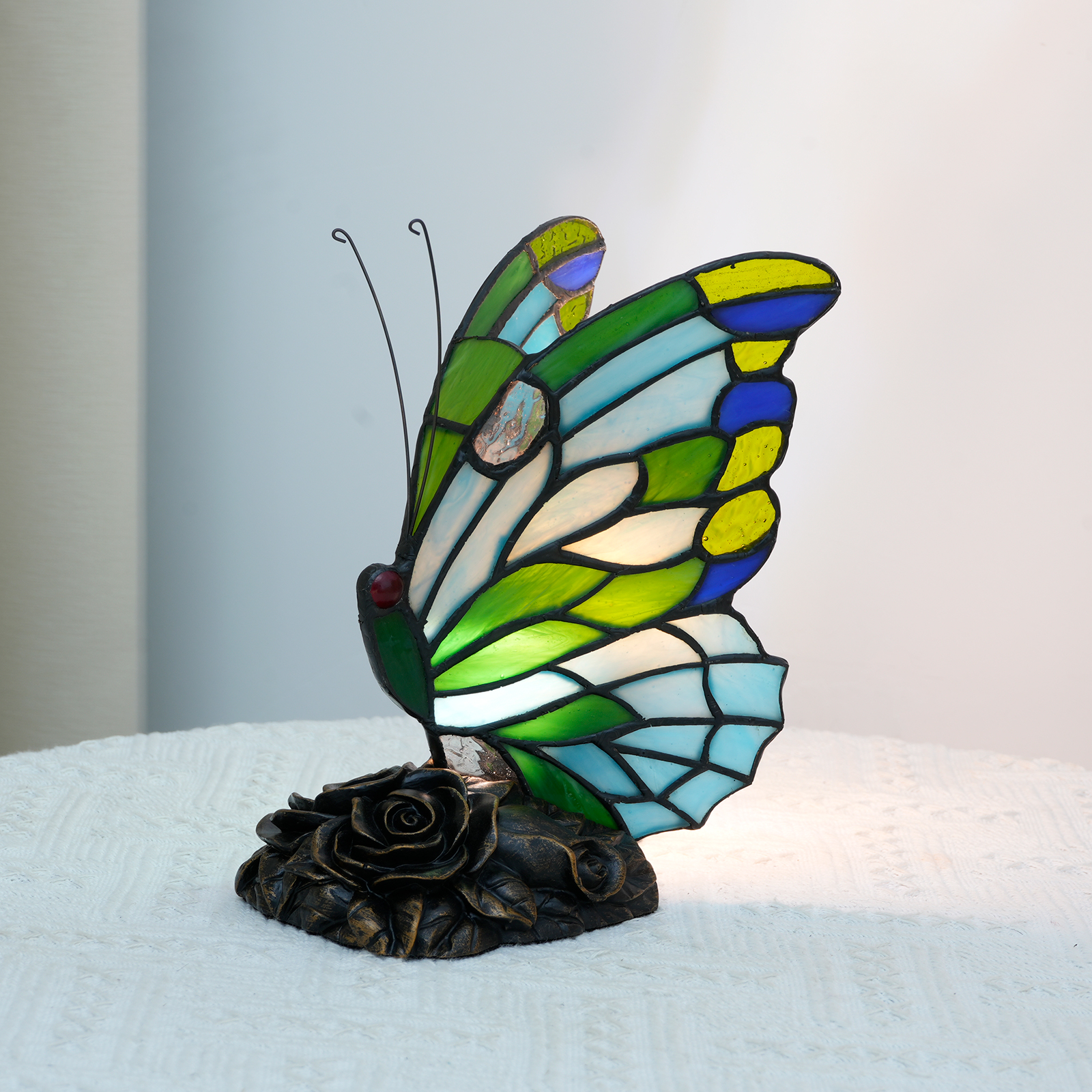 Blivuself Tiffany Style Blue And Green Mini Butterfly Nightlight Stained Glass Bedroom Bedside Lamp Or Table Lamp Led Bulb Colorful Vintage Butterfly Decoration Perfect For Giving To Children, Girls, Families, Holiday Gifts, Etc. Green And Blue small  Butterfly Table Lamp OFU1186