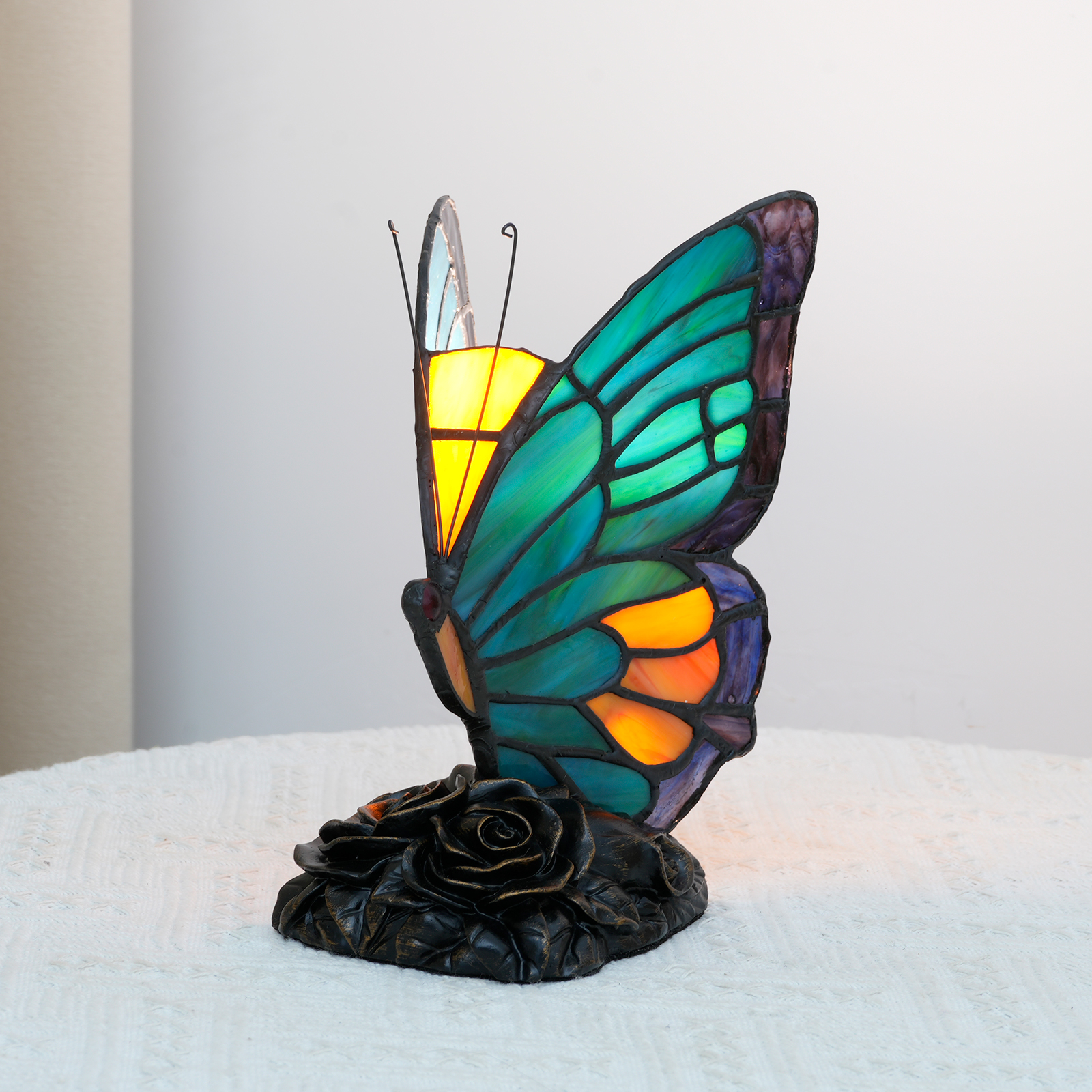 Blivuself Tiffany  Style Cyan Mini Butterfly Nightlight Stained Glass Bedroom Bed Lamp Or Table Lamp Led Lamp Colorful Vintage Butterfly Decoration Perfect For Giving To Children, Girls, Families, Holiday Gifts, Etc. Cyan Small Butterfly Lamp OFU1189