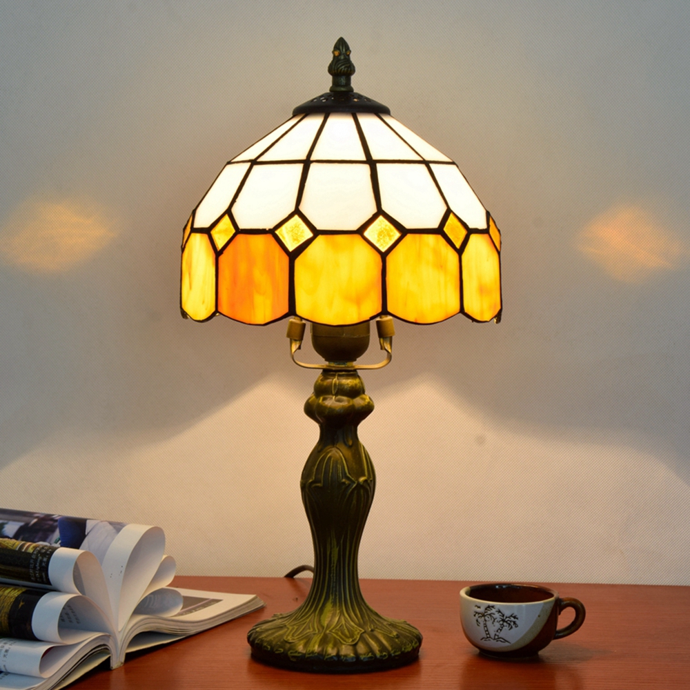 Blivuself Tiffany  Style Stained glass desk lamp 8 inch yellow yellow and white plaid desk lamp suitable for bedroom nightstand Study Reading desk lamp Kitchen dormitory office cafe corridor Library bar decoration furniture decoration retro unique lovely comfortable living 8 inch yellow and white plaid desk lamp OFT10007