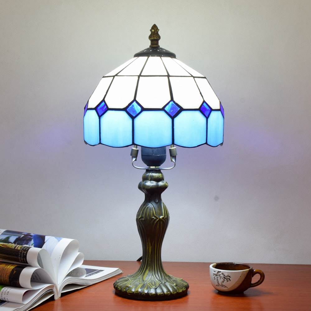 Blivuself Tiffany  Style Stained Glass Desk Lamp 8 Inch Blue Blue And White Plaid Desk Lamp Suitable For Bedroom Nightstand Study Reading Desk Lamp Kitchen Dormitory Office Cafe Corridor Library Bar Decoration Furniture Decoration Retro Unique Lovely Comfortable Living 8 Inch Blue And White Plaid Desk Lamp OFT10006